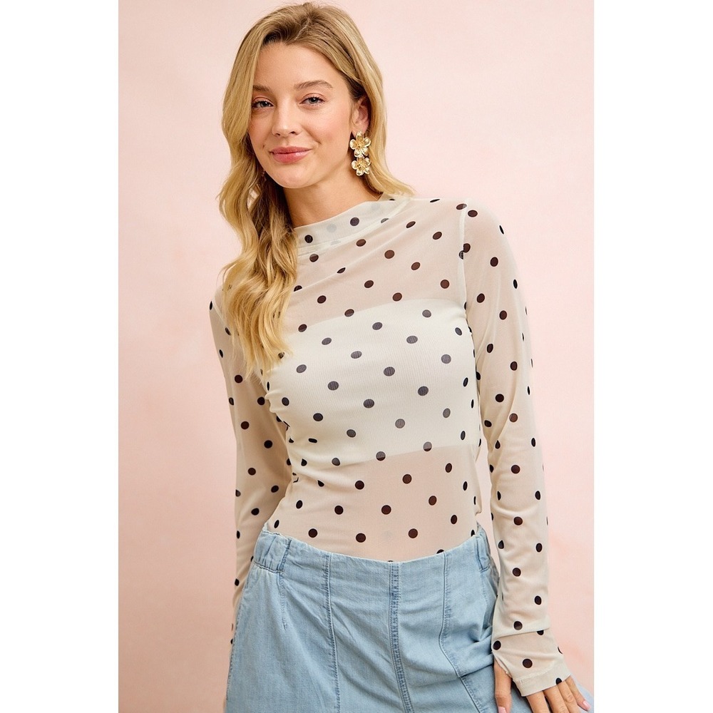 BiBi High Neck Line Polka Dots Mesh Top With Thumb Open - Small